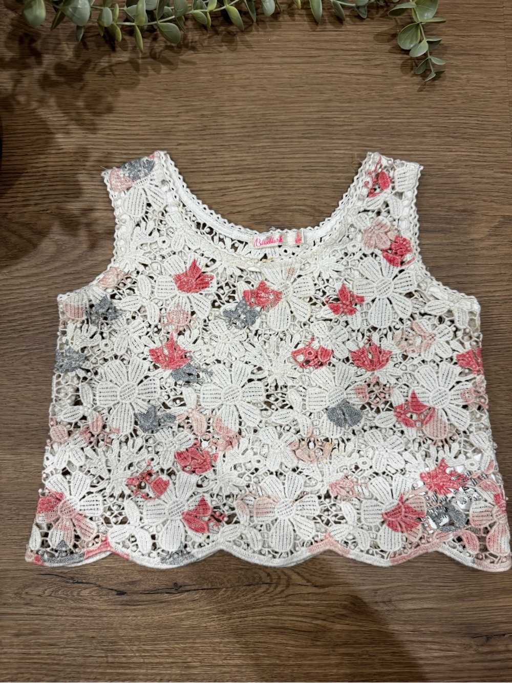 Billieblush Girls Floral Crochet Lace Top Size 4 Ivory Pink